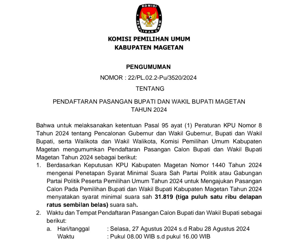 KPU Magetan Keluarkan Pengumuman Pendaftaran Pasangan Bupati dan Wakil Bupati&nbsp;Magetan